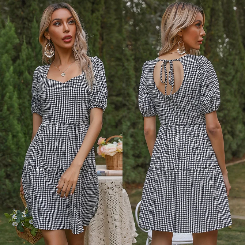 

New Summer Dresses For Women 2021 Houndstooth Short Sleeve Lacing Dress Tourism Holiday Slim Mini Short Dress Vestido De Mujer