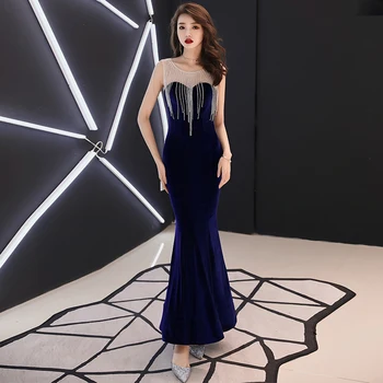 

Navy Blue Women Tassel Evening Party Gown Sexy Persepective Cheongsam Mermaid Qipao Elegant Slim Robe De Soiree