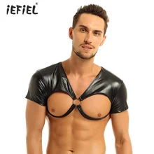 Мужской мягкий кожзаменитель, укороченный топ, Клубная одежда с короткими рукавами, с вырезами, майка с коротким рукавом, сценический костюм, укороченные топы с металлическими уплотнительными кольцами