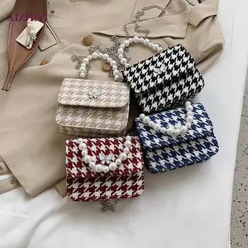 

Fashion Plaid Shoulder Messenger Bag for Women Woolen Pearl Chain Portable Butterfly Handbags Purse Lady Small Square Crossbody