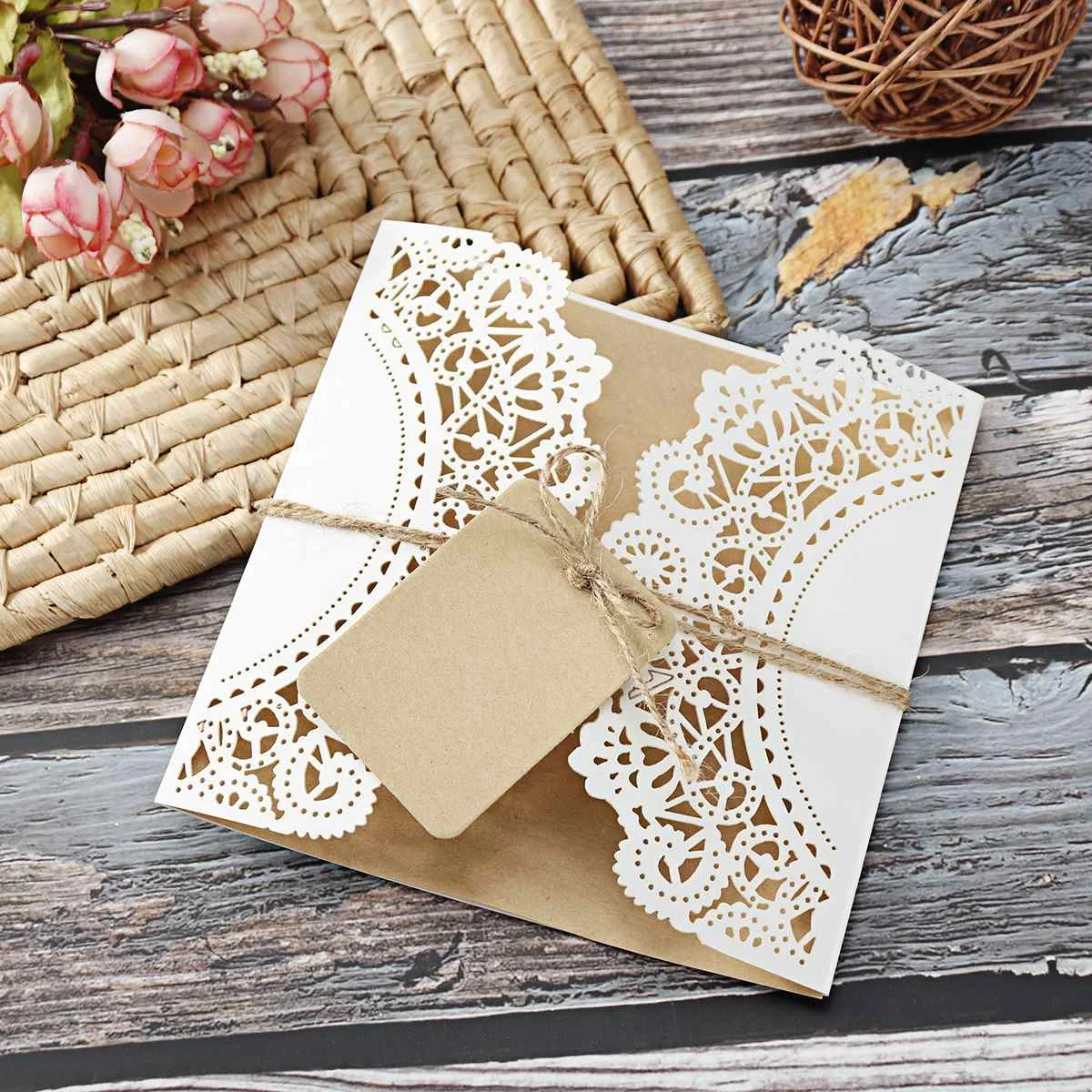  30/50Pcs/set Laser Cut Wedding Invitations Cards +Tags Vintage Wedding Bridal Shower Gift Greeting  - 4.00039E+12