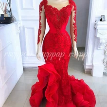 Элегантные сексуальные женские вечерние платья русалки, прозрачные красные кружевные вечерние платья с длинным рукавом для девушек
