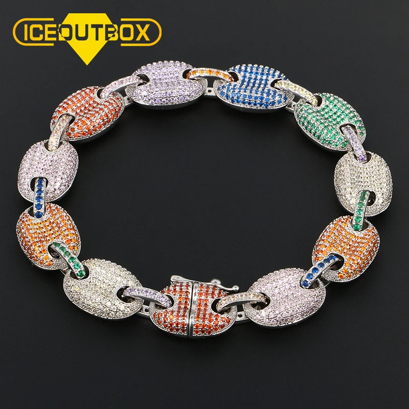 12mm Rainbow Coffee Beans Rhinestone Cuban Link Bracelet Iced Out Men's Hip Hop Brass Top Quality Charm Jewelry Dropshipping | Украшения