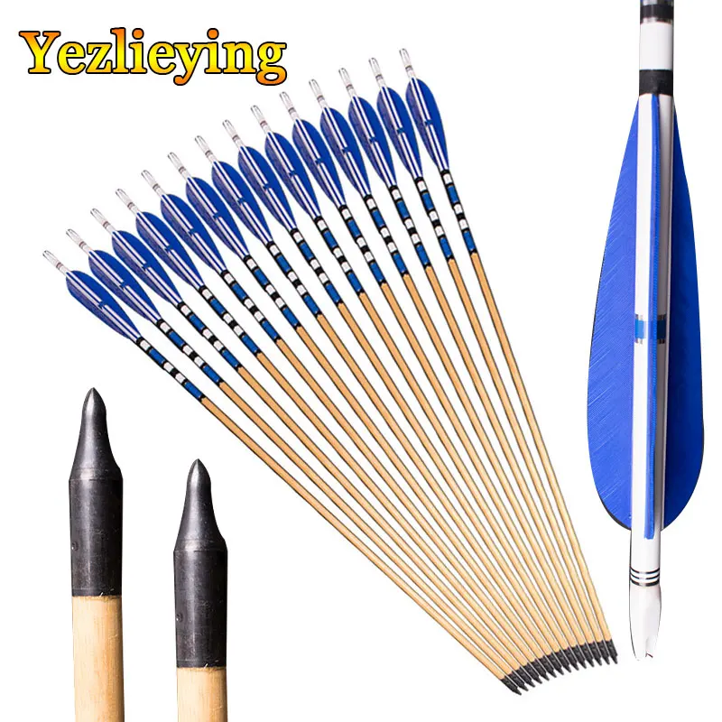 

6/12/24pcs Hunting compound bow shooting Archery Bolts 80cm Handmade Wood Arrow Turkey Vanes Steel tip Arrow Heads