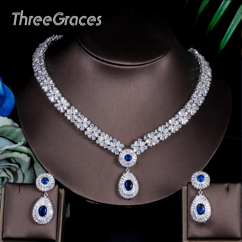ThreeGraces Великолепный серебряный цвет CZ большая Королевская Синяя капля ожерелье
