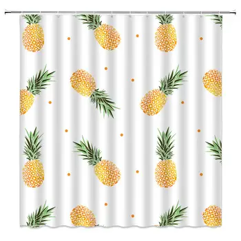

Pineapple Shower Curtain, Tropical Fruit with Leaf Gold Yellow Ananas Irregularly Placed Printing Pattern Small Dots Summer