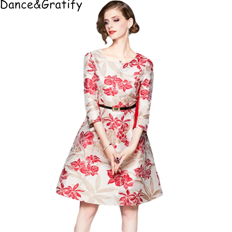 

Autumn 2019 Women Jacquard Party Dress 3/4 Sleeve High Quality Elegant Office Lady Print Business Work Dress