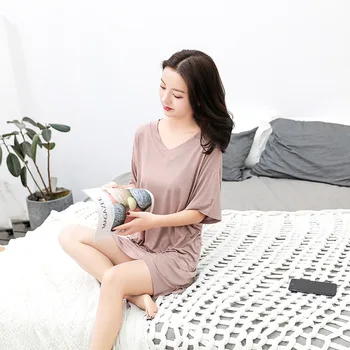 

2020 Summer New Style Modal V-neck Short-sleeve Dress Women's Korean- Style Large Size Mid-length Tracksuit Nightgown