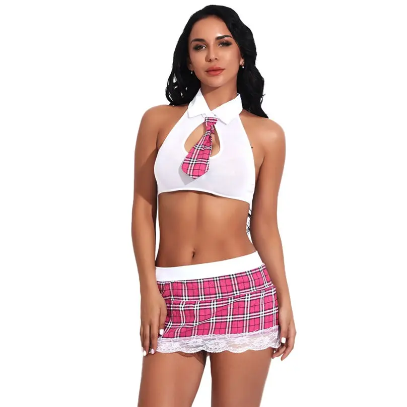 1 Set New Women Lace Sexy Lingerie Nightgown Uniform Sexy Underwear Lattice Tie + Mini Skirt Set Erotic Cosplay Sex 3A27 (22)