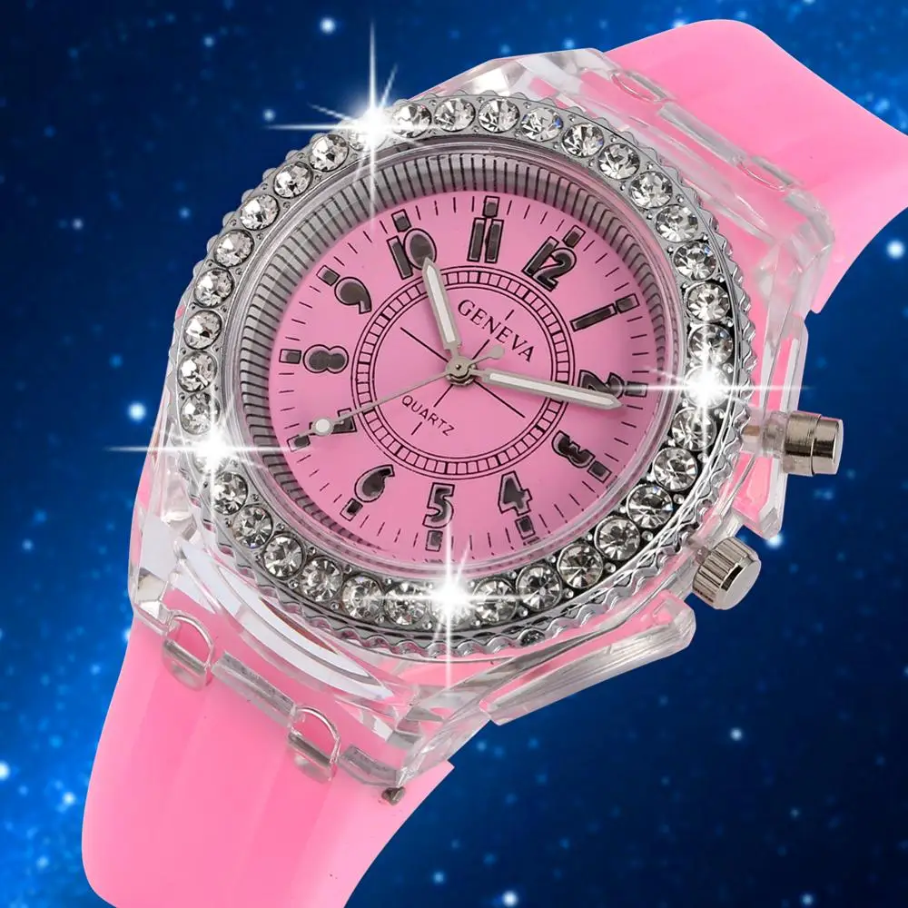 9 Цвета! Топ Роскошный силиконовый светодиодный светящиеся часы Женское платье модные мужские часы с кристаллами и бриллиантами вечерние ювелирные изделия horloges vrouwen - Цвет: Pink