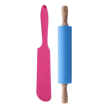 

1 x Silicone Batter Spatula Cake Cream Mixer Long Handled & 1x Non Stick Wooden Silicone Rolling Pin Silicone
