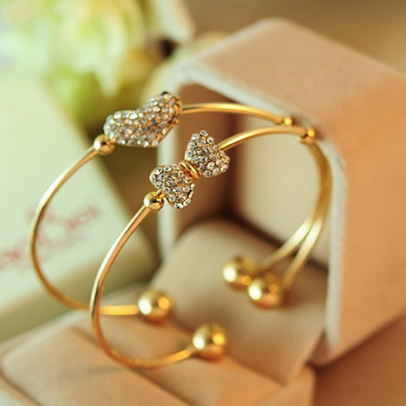 Women's Heart and Bowknot Cuff Bracelet Bangles Crystal Jewelry