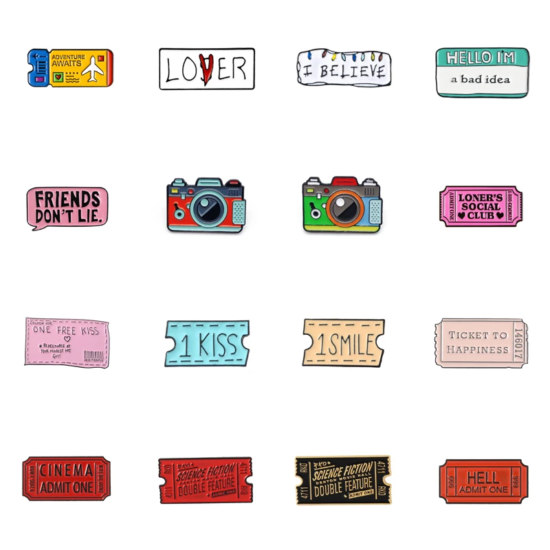 Cartoon Color Pink Brooch Camera Post It Note Movie Ticket Envelope Love Air Ticket Pin Enamel Badge Clothes Bag Jewelry Gift Brooches Aliexpress