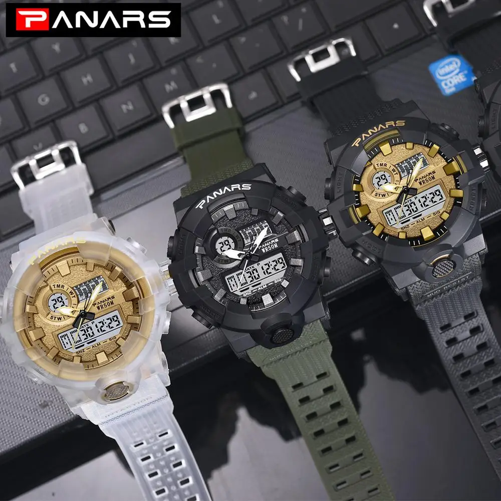 PANARS, черные золотые мужские цифровые часы, спортивные военные часы, мужские часы, Led 5 бар, водонепроницаемые, двойной дисплей, ударостойкие часы