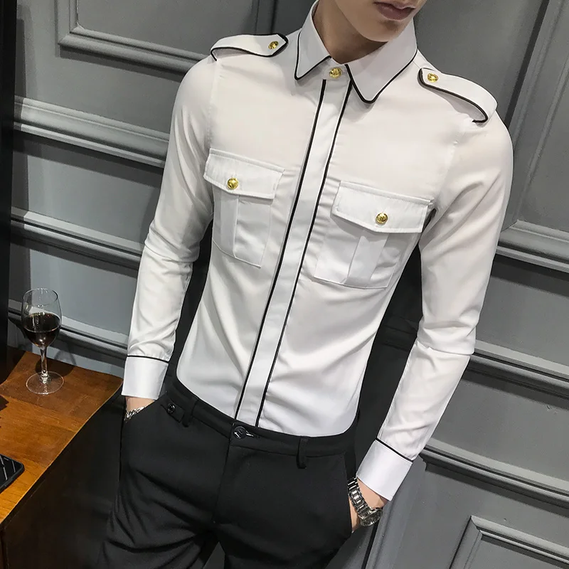 Стиль Mulit карманы белая рубашка Униформа рубашка для мужчин s Slim Fit с длинным рукавом Рабочие Рубашки для социальных мужчин