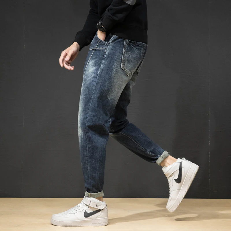 

Fashion Streetwear Men Jeans Loose Fit Spliced Designer Harem Pants Elastic Waist Korean Style Hip Hop Jeans Men Pencil Pants
