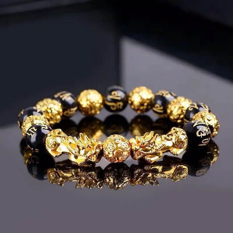 Feng Shui Obsidian Stone Beads Bracelet Wristband Gold Black Pixiu Wealth Good Luck Women Bracelet  Men Women Unisex