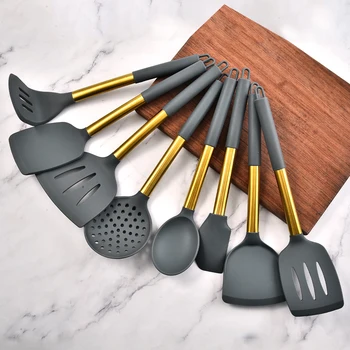 

Silicone Kitchenware Cooking Utensils Set Heat Resistant Kitchen Non-Stick Cooking Tools With Copper Plating Handle