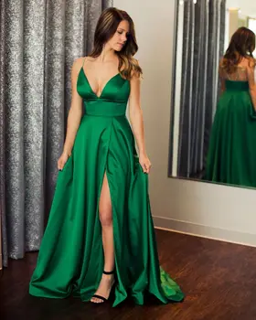 

Beautiful Green Long Evening Dress 2019 Spaghetti Straps Deep V Neck Front Slits Silk Satin Prom Dresses Simple Formal Dress