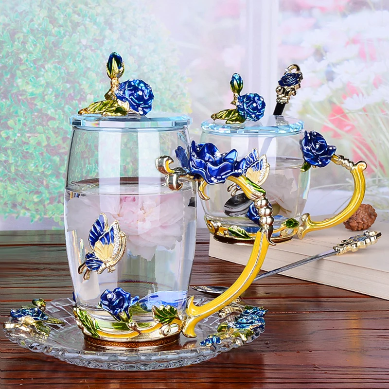 Enamel Glass Mug Flower Crystal Clear Novelty Glass Tea Cup Coffee Cups Travel 