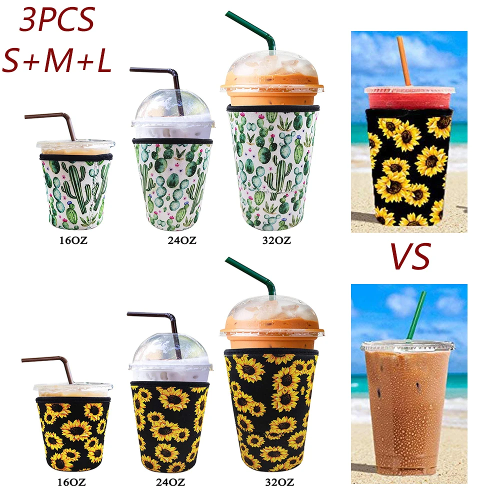 3 Pcs Reusable Iced Coffee Sleeve Milk Tea Cold Beverages Cup Holders Neoprene Durable Bottle Covers for Kids and Adults