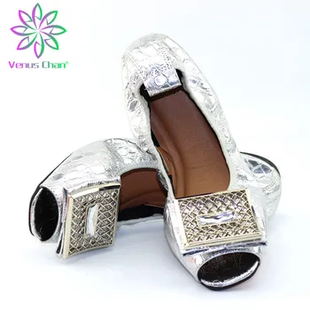 

African Shoe Summer Low Heels Silver Color African Wedding Women Shoe Decorated with Rhinestone