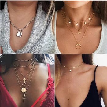 

IF ME Bohemian Multi Layered Necklace For Women Vintage Metal Star Moon Lock Coin Rose Chain Pendant Necklace Jewelry 2020 New