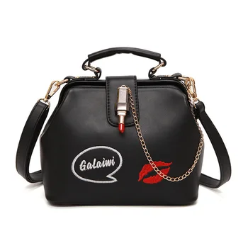 

Bag 2019 new ladies bag fashion trend lips embroidered lipstick lock wild shoulder bag Messenger bag