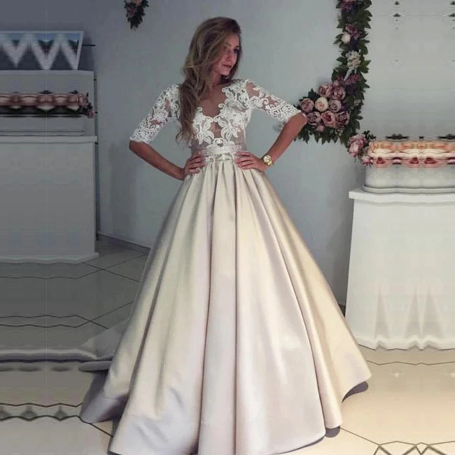 Свадебные платья с круглым вырезом, длина до пола, аппликация, пуговица сзади, половина рукава, линия, открытая спина, атласное свадебное платье, Vestido De Noiva