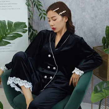 

Autumn Winter Pleuche Warm Pajamas Set High Quality Women Sexy Lace Trim Lapel Fashion Sleepwear Ladies Casual Loose Homewear
