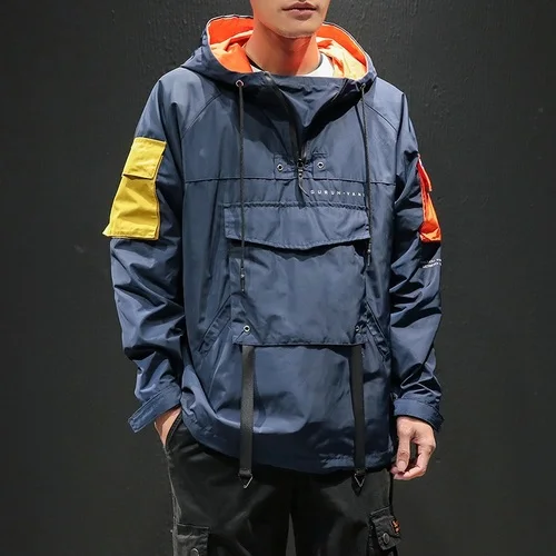 navy blue Осенний пуловер на молнии, Мужская Лоскутная куртка с капюшоном, Мужская ветровка, уличная куртка с капюшоном, водонепроницаемая куртка, M-5XL - Цвет: navy blue