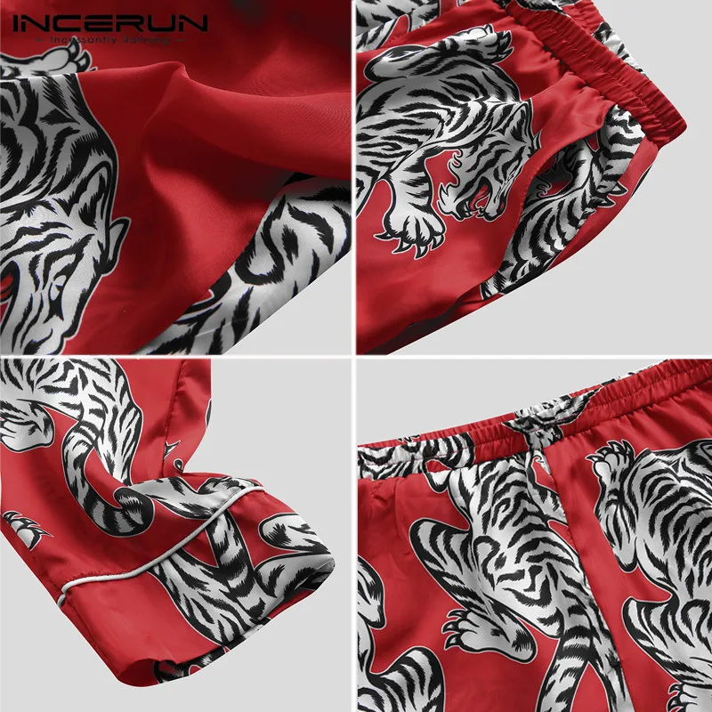 INCERUN Printing Men Sleep Bottoms Pants Silk Satin Leisure Pajamas Comfortable Retro Men Lounge Pants Sleepwear Plus Size