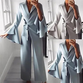

Hot Asymmetrical Horn Sleeves Jumpsuit Fashion Temperament Fake two-piece Sleeve Ruffled Belt With High Quality Jumpsuit Unique