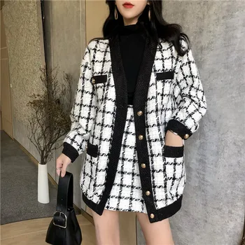 

Autumn winter designer runway contrast color plaid jacket female + mini skirt tassel wool blend Plaid Tweed skirt 2 Piece cy009