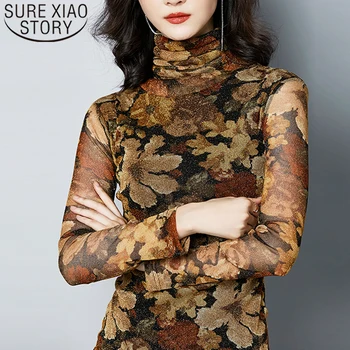 

Autumn shirts women 2019 office lomg sleeve top printing slim Floral Turtleneck ladies tops plus size women t tshirt 7771 50
