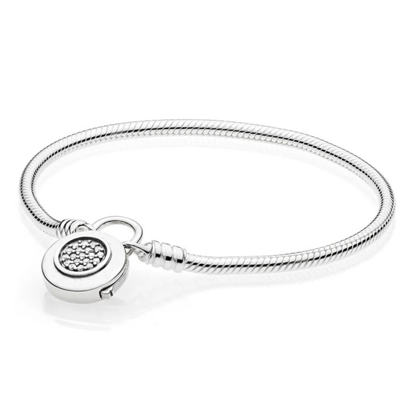 

925 Sterling Silver Bracelet Logo Signature Padlock MOMENTS Smooth Snake Bracelet Bangle Fit Bead Charm DIY Pandora Jewelry