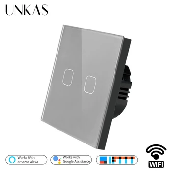 

UNKAS Gray Panel EU Standard Tuya/Smart Life/ewelink 2 Gang 1 Way WiFi Wall Light Touch Switch for Google Home Amazon Alexa