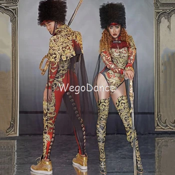 

Sexy Palace Royal Military Uniform Costume Spandex Leotard Nightclub Outfit Women Singer Dance Prom Bodysuit Set with hat