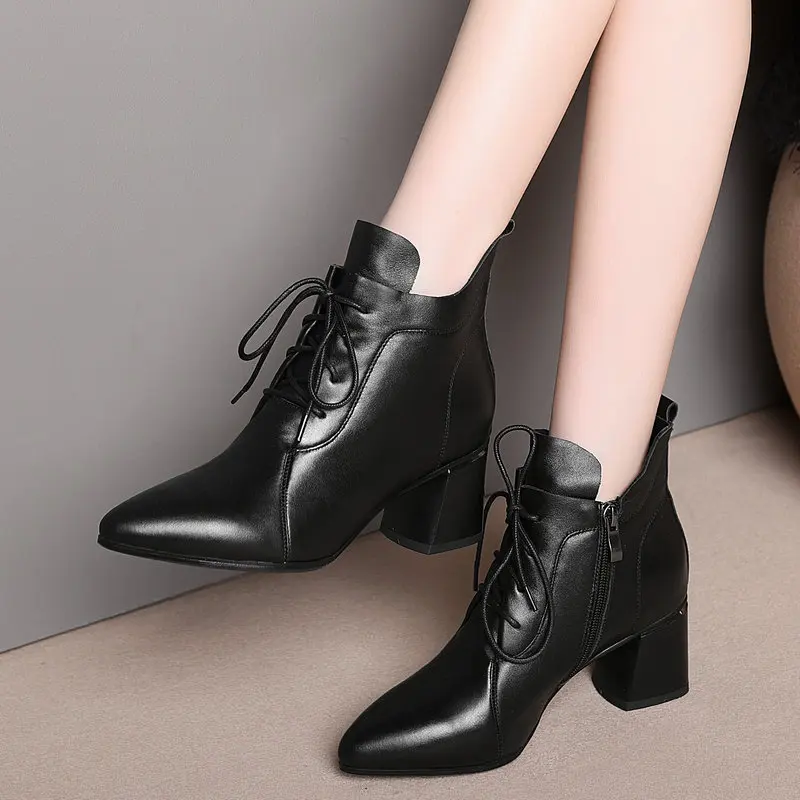 NEMAONE/женские ботинки ботильоны из натуральной кожи обувь на высоком каблуке со шнуровкой женские демисезонные ботинки Большие размеры 34-45