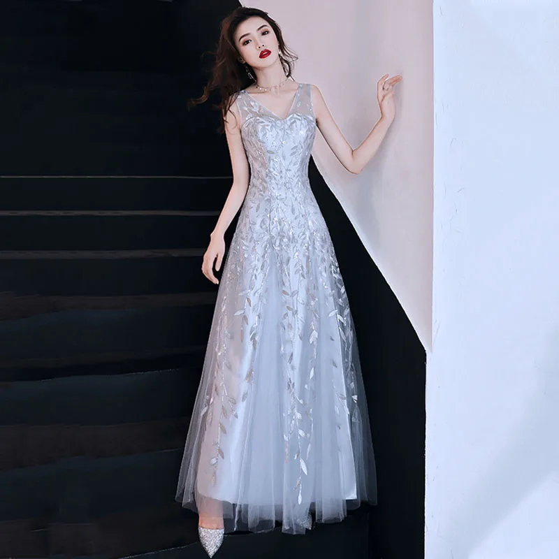 

New Special Occasion Dresses Sequins Appliques A-Line Elegant Pleat Floor-Length V-Neck Sleeveless Lady Formal Party Gown E1131