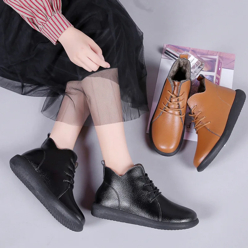 PEIPAH Winter Ankle Boots Women Genuine Leather Shoes Woman Autumn Rubber Boots Female Lace-Up Shoes Flat with Fur Botas Mujer