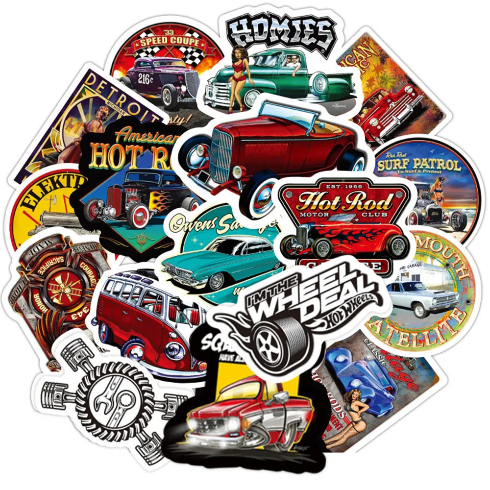 50pcs Hotrod Vintage Car Stickers For Laptop Notebook SiutCase Scrapbooking Material Christmas Sticker Craft Supplies