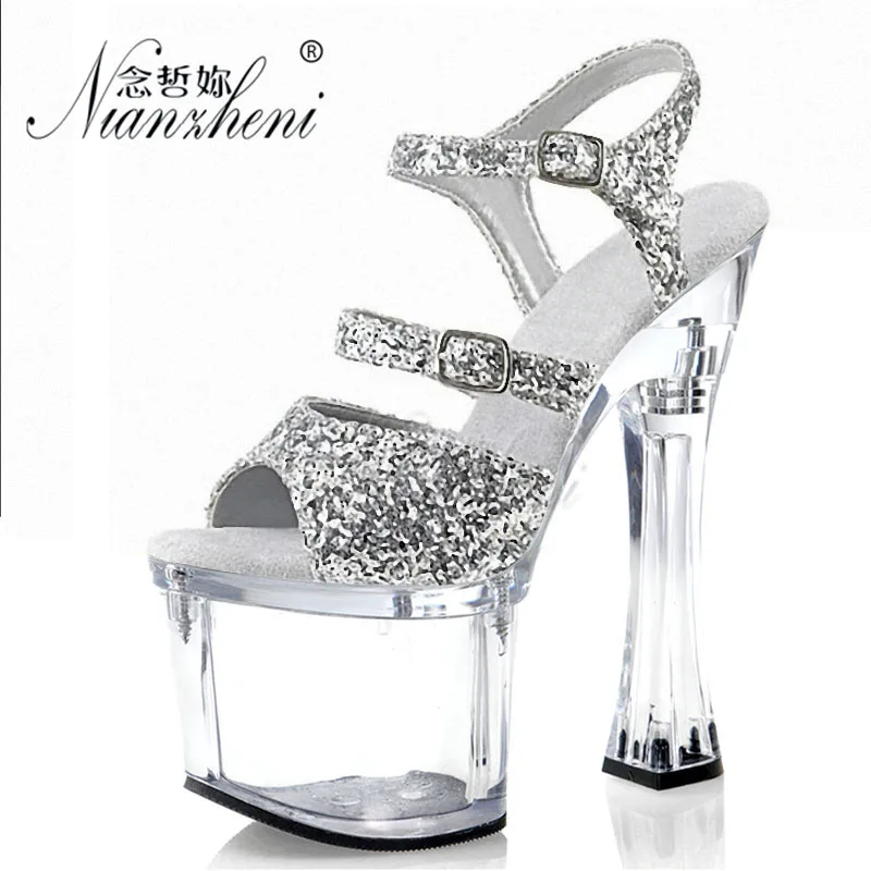 

Flash Powder Bling Crystal Big Size Platform Sandals 18CM Super High Stripper Heeled Pole Dance Shoes Nightclub 7 Inches Fetish