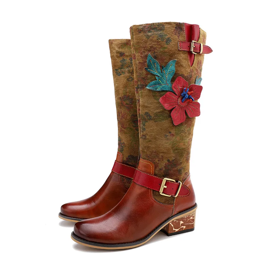 2020 Autumn Winter New Women's Knee High Riding Boots Ethnic Genuine Leather High Heels Female Western Boots Footwear Handmade (6)