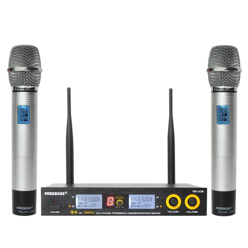 

Freeboss FB-U09-S Silver color 2 Way 2 Metal Handheld Microphone UHF Fixed Frequency Wireless Microphone