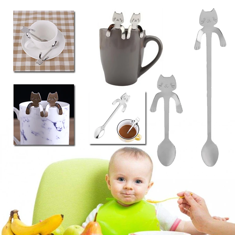 Cat Steel Coffee Soup Tea Spoon Ice Cream Cocktail Kitchen Tableware Teaspoons