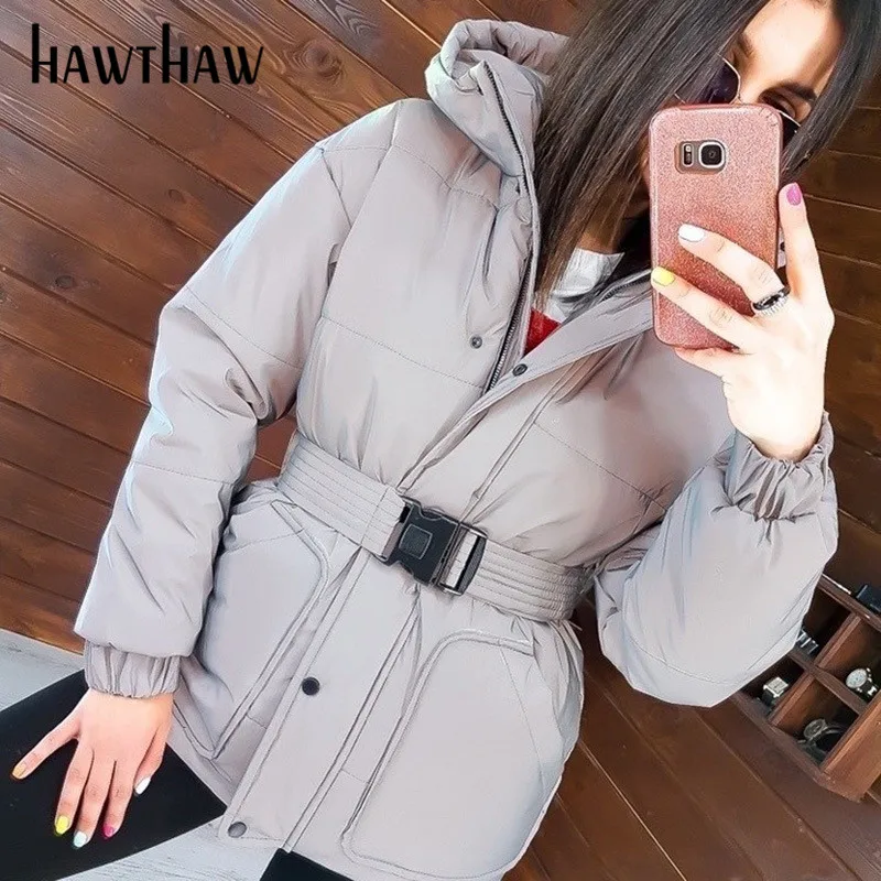 HAWTHAW women autumn winter keep warm hooded belt Reflective zipper Thick coat Padded down jacket 2020 clothes streetwear | Женская