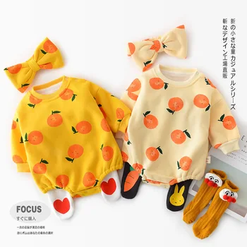 

WLG toddler autumn rompers baby fruit printed khaki yellow o-neck long sleeve thick romper new born warm casual clothes