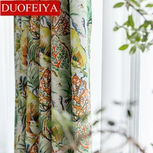 

American Printed leaf curtains for living room bedroom window rustic vintage Green curtain ready made