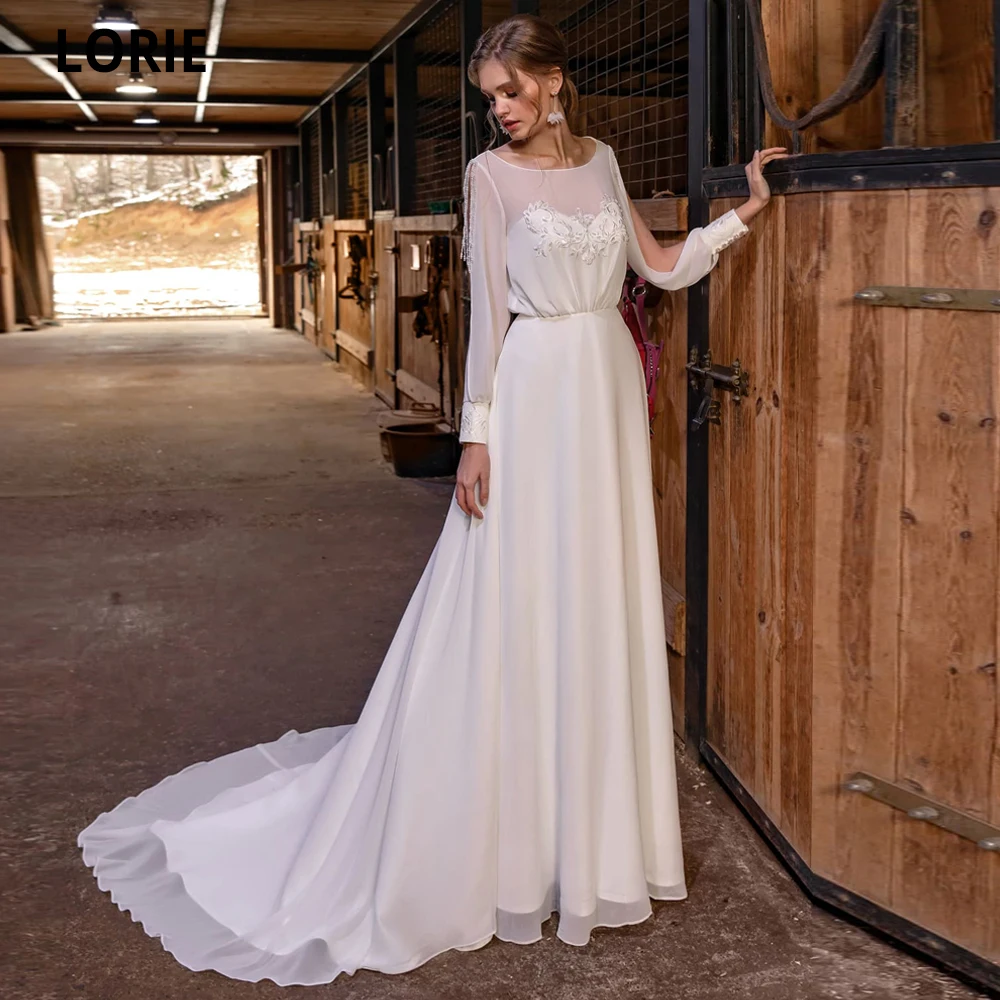 

LORIE Beach Country Wedding Dresses for Bride A-line Chiffon Boho Bridal Gowns Lace Appliques Long Sleeve Boho Marriage Dresses